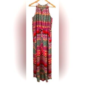 Collective Concepts brght multi prnt spag strp hi low maxi drss w tie waist SZ S